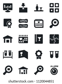 Set of vector isolated black icon - statistic monitor vector, blood test vial, heart diagnostic, medical calendar, warehouse, package, search cargo, application, sertificate, alcohol, wine card