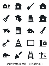 Set of vector isolated black icon - border cone vector, trowel, shovel, ladder, wheelbarrow, saw, house, with garage, tree, plan, sweet home, city, crane