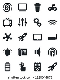 Set of vector isolated black icon - tv vector, speaker, gamepad, touch screen, share, battery, tuning, wireless, fingerprint id, office phone, remote control, router, water filter, gear, rocket