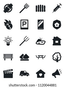 Set of vector isolated black icon - parking vector, farm fork, fence, tree, house, bench, picnic table, syringe, joint, clapboard, flame disk, mobile, pond, sweet home, estate insurance, serviette