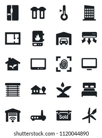 Set of vector isolated black icon - tv vector, monitor, house with tree, garage, plan, sold signboard, bedroom, fridge, city, eco, fingerprint, irrigation, water heater, router, air conditioner
