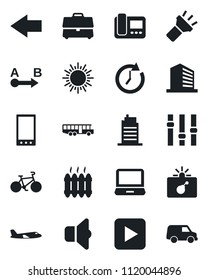 Set of vector isolated black icon - airport bus vector, bomb in case, left arrow, sun, plane, office building, bike, route, settings, laptop pc, play button, mobile, torch, heater, city house, sound