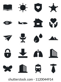 Set of vector isolated black icon - train vector, plane, lock, office building, book, butterfly, sun, heart shield, hand, lungs, eye, download, chair, house, mountains, water, police, paper, tie
