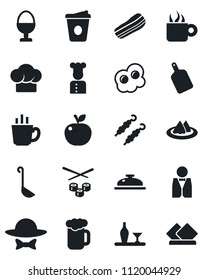 Set of vector isolated black icon - coffee vector, waiter, cook, alcohol, serviette, hat, reception, beer, bacon, egg stand, dress code, kebab, ladle, cutting board, sushi, omelette, apple fruit