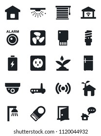 Set of vector isolated black icon - smart home vector, eco house, socket, fan, irrigation, wireless, router, energy saving bulb, outdoor lamp, jalousie, garage gate control, fridge, door, usb flash