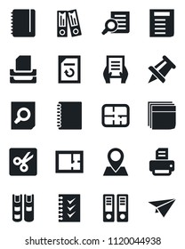 Set of vector isolated black icon - office binder vector, document search, notepad, drawing pin, reload, printer, cut, copybook, blank box, checklist, paper tray, book, plan, plane