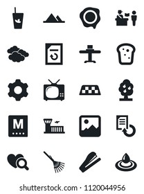 Set of vector isolated black icon - taxi vector, passport control, clouds, airport building, document reload, stamp, rake, heart diagnostic, gallery, settings, stapler, fruit tree, mountains, tv