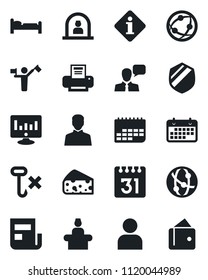 Set of vector isolated black icon - dispatcher vector, reception, bed, statistic monitor, term, no hook, shield, network, speaker, user, calendar, news, printer, cheese, information, wallet