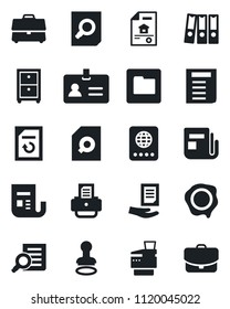 Set of vector isolated black icon - passport vector, identity, stamp, document search, reload, printer, news, folder, case, paper binder, archive box, copier, estate