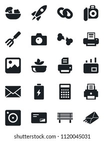 Set of vector isolated black icon - camera vector, mail, printer, garden fork, bench, broken bone, chain, mobile, gallery, salad, battery, rocket, calculator