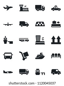 Set of vector isolated black icon - taxi vector, baggage conveyor, airport bus, waiting area, alarm car, plane, building, sea shipping, delivery, port, cargo, up side sign