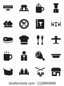 Set of vector isolated black icon - hot cup vector, spoon and fork, cafe, coffee, waiter, cook, restaurant table, hat, wine card, reserved, salt pepper, building, chicken, steak, ham, bowl, sushi