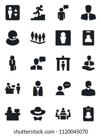 Set of vector isolated black icon - passport control vector, security gate, elevator, male, speaking man, team, manager place, support, client, speaker, identity card, meeting, career ladder, waiter
