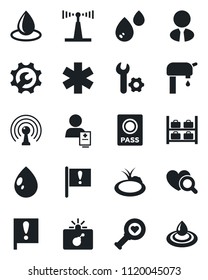 Set of vector isolated black icon - bomb in case vector, passport, luggage storage, water drop, pond, heart diagnostic, ambulance star, patient, important flag, antenna, root setup, supply