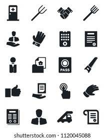 Set of vector isolated black icon - passport vector, ladder car, medical room, document, farm fork, glove, saw, client, touch screen, finger up, handshake, contract, estate, waiter, remote control
