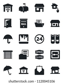 Set of vector isolated black icon - 24 around vector, umbrella, book, store, mail, scanner, document folder, mailbox, open close, home control, jalousie, garage gate, door, storefront