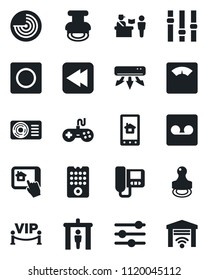Set of vector isolated black icon - passport control vector, security gate, radar, scales, gamepad, settings, rewind, tuning, record, stamp, air conditioner, vip zone, remote, intercome, home app
