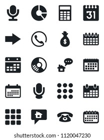 Set of vector isolated black icon - right arrow vector, calendar, circle chart, microphone, menu, calculator, phone, home message, money bag