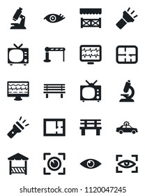 Set of vector isolated black icon - barrier vector, tv, alarm car, bench, monitor pulse, microscope, eye, torch, plan, alcove, scan