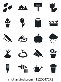Set of vector isolated black icon - flower in pot vector, watering can, sproute, seedling, rain, plant label, pumpkin, seeds, pond, tulip, oil barrel, house with tree, rolling pin, water filter