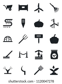 Set of vector isolated black icon - fence vector, farm fork, rake, wheelbarrow, well, sickle, plant label, pumpkin, greenhouse, fertilizer, drip irrigation, windmill
