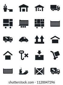 Set of vector isolated black icon - sea shipping vector, truck trailer, cargo container, car delivery, port, consolidated, warehouse storage, up side sign, no hook, package, moving