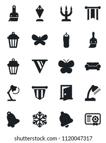 Set of vector isolated black icon - pennant vector, butterfly, garden light, themes, bell, desk lamp, cushioned furniture, candle, snowflake, outdoor, door, pennon, certificate