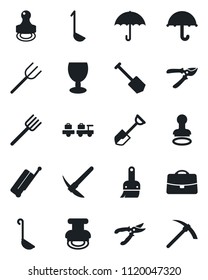 Set of vector isolated black icon - suitcase vector, stamp, baggage larry, job, shovel, farm fork, pruner, fragile, umbrella, themes, case, ladle, hard work