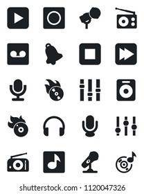Set of vector isolated black icon - flame disk vector, microphone, radio, settings, headphones, speaker, play button, stop, fast forward, bell, record, music