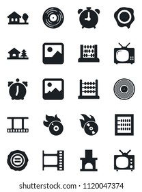 Set of vector isolated black icon - alarm clock vector, abacus, stamp, fireplace, film frame, vinyl, flame disk, gallery, house with tree, tv