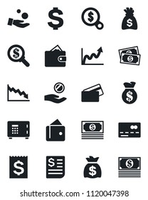 Set of vector isolated black icon - credit card vector, safe, dollar sign, money bag, cash, receipt, wallet, growth graph, crisis, search, investment