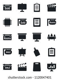Set of vector isolated black icon - presentation board vector, meeting, clipboard, clapboard, sale, rooms, sold signboard, cutting, chip