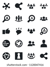 Set of vector isolated black icon - female vector, team, brainstorm, network, share, group, finger up, user, company, client search, consumer, social media