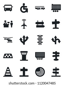 Set of vector isolated black icon - airport tower vector, plane radar, taxi, bus, passport control, signpost, border cone, helicopter, disabled, route, traffic light, truck trailer, guidepost