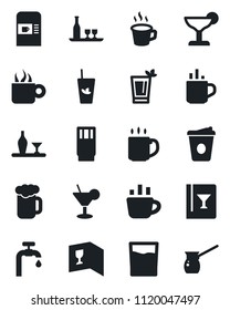 Set of vector isolated black icon - hot cup vector, coffee machine, water supply, alcohol, wine card, drink, cocktail, phyto bar, beer, turkish