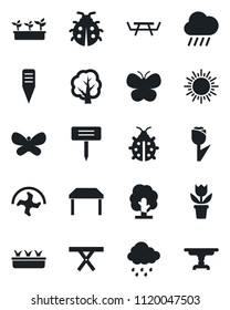 Set of vector isolated black icon - sun vector, flower in pot, ripper, tree, butterfly, lady bug, seedling, rain, plant label, picnic table, tulip