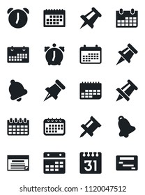 Set of vector isolated black icon - drawing pin vector, calendar, term, paper, alarm, bell, schedule