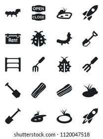 Set of vector isolated black icon - job vector, garden fork, shovel, lady bug, caterpillar, pond, rack, rent, bacon, open close, rocket