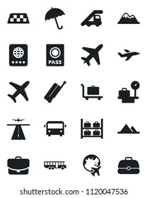 Set of vector isolated black icon - plane vector, runway, taxi, suitcase, baggage trolley, airport bus, umbrella, passport, ladder car, luggage storage, scales, globe, mountains, case