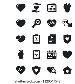 Set of vector isolated black icon - heart vector, pulse, diagnosis, blood pressure, diagnostic, shield, hand, real, medical calendar, clipboard, sweet home