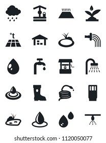 Set of vector isolated black icon - shower vector, watering, boot, water drop, rain, well, hose, pond, supply, warehouse, drink, irrigation, warm floor, sprinkler