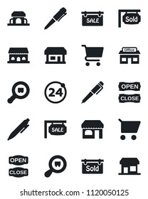 Set of vector isolated black icon - 24 around vector, shop, pen, store, search cargo, sale, sold signboard, cafe building, open close, cart, storefront