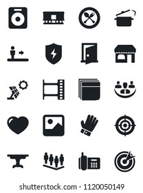 Set of vector isolated black icon - spoon and fork vector, escalator, shop, team, glove, office phone, railroad, film frame, speaker, heart, gallery, protect, company, blank box, target, table, door