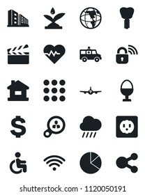 Set of vector isolated black icon - plane vector, dollar sign, rain, heart pulse, ambulance car, disabled, implant, clapboard, menu, pie graph, house, office building, wireless, egg stand, socket