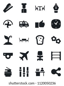 Set of vector isolated black icon - plane vector, cafe, gear, office chair, ripper, sproute, ambulance car, rack, settings, finger up, clock, ink pen, manager desk, copier, stapler, cook, bread