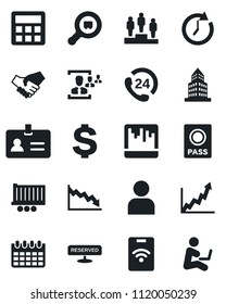 Set of vector isolated black icon - passport vector, identity, dollar sign, pedestal, calendar, 24 hours, truck trailer, search cargo, user, calculator, scanner, office building, hr, reserved, clock