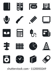 Set of vector isolated black icon - border cone vector, abacus, notepad, fence, garden knife, dropper, signpost, news, tv, microphone, speaker, clock, record, pie graph, calculator, blank box, book