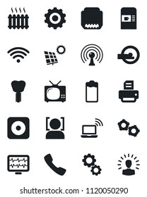 Set of vector isolated black icon - coffee machine vector, wireless notebook, gear, printer, monitor pulse, tomography, implant, antenna, battery, rec button, hdmi, call, face id, sun panel, heater