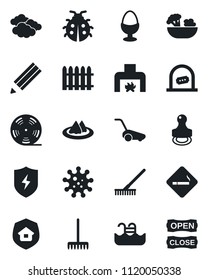 Set of vector isolated black icon - smoking place vector, ticket office, clouds, fence, rake, lawn mower, lady bug, virus, reel, protect, pencil, stamp, pool, fireplace, estate insurance, serviette