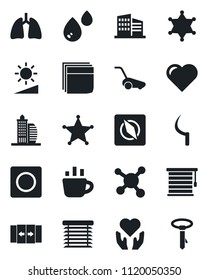 Set of vector isolated black icon - automatic door vector, coffee, lawn mower, sickle, heart, hand, lungs, molecule, record, brightness, compass, blank box, office building, water, jalousie, police